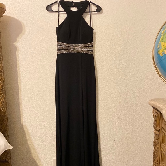 EUC Black Halter Gown with Beaded Waist Sz 1 Dress - Picture 4 of 11